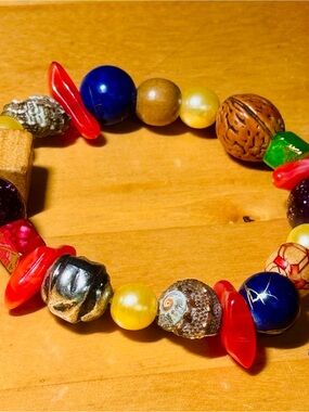 Colorful Mixed Bead Stretch Bracelet - Red, Blue, Yellow, Green, Brown